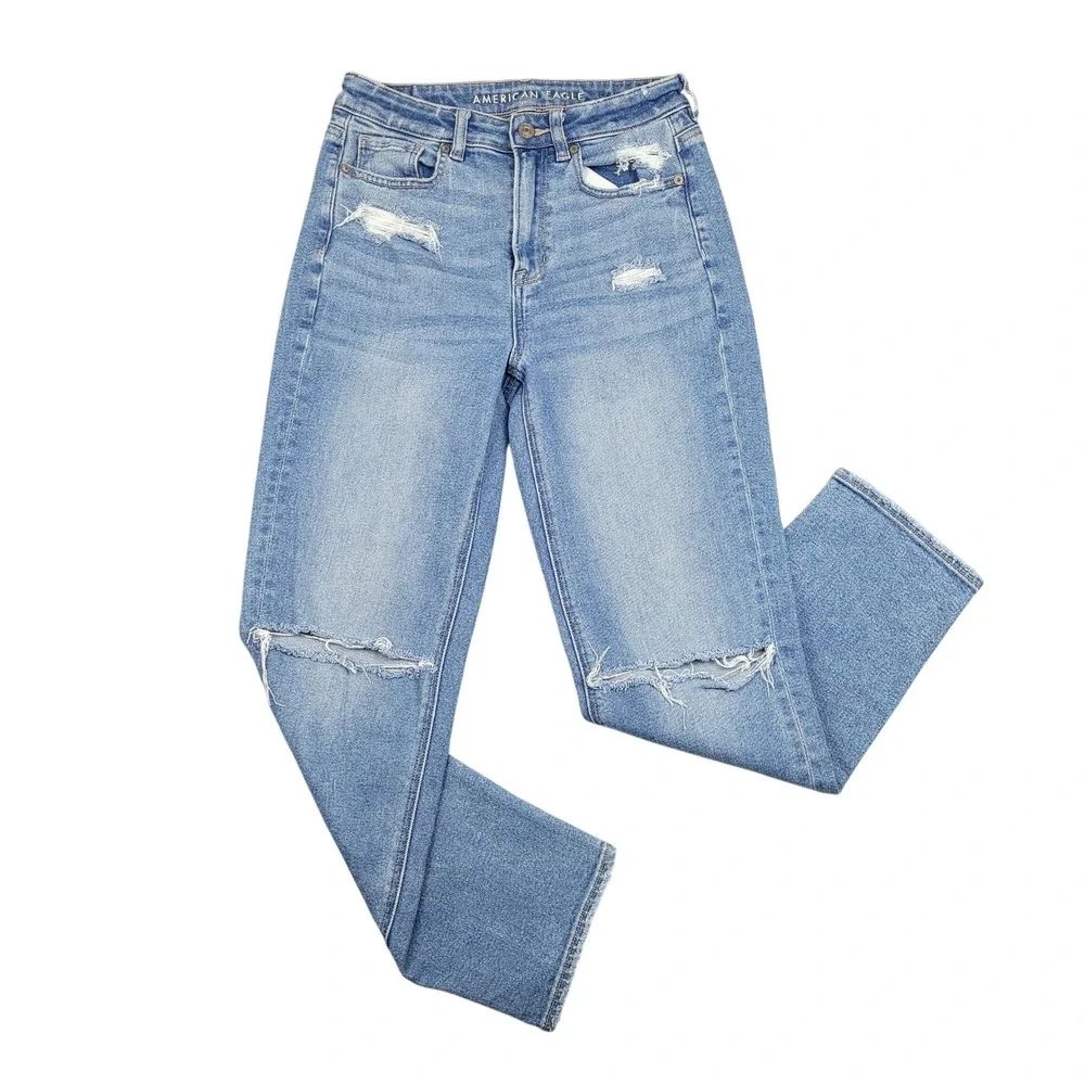 American Eagle Mom Straight Jeans Womens Sz 4 High Rise Distressed Denim Blue